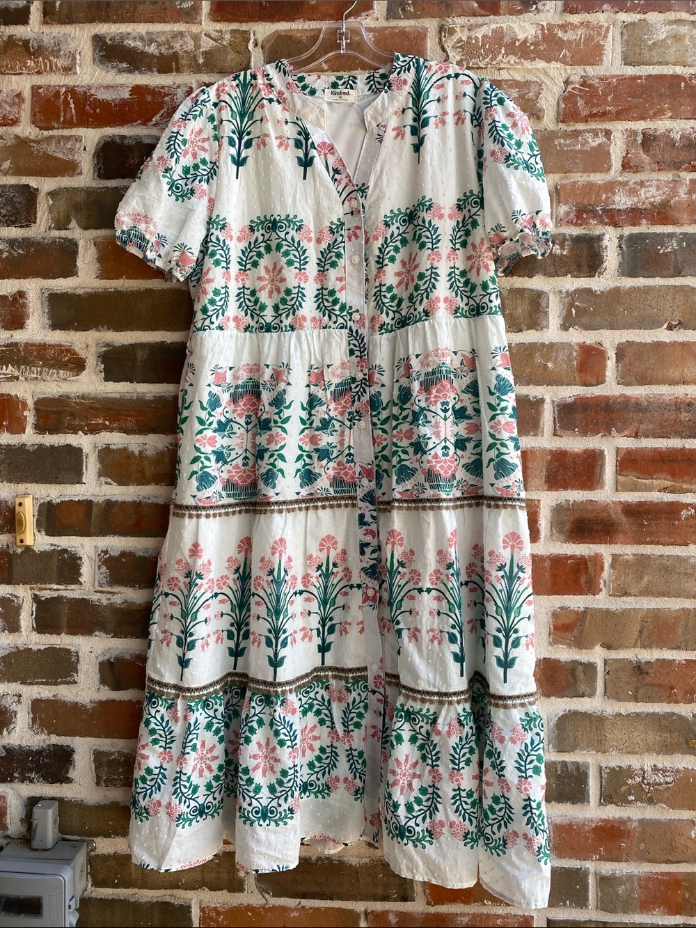 Kindred Floral Block Print Tiered Cotton Midi Dress - White with Green & Pink